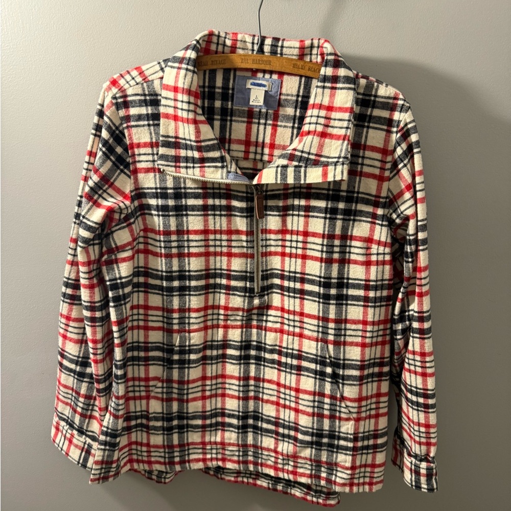 L.L. Bean Flannel Red and Black Plaid Quarter Zip Pullover